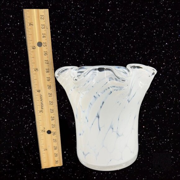 Art Glass Vase With White Specks Dots Ruffled Top Edge Glass Vase Vessel 5”T 5”W - Picture 4 of 15